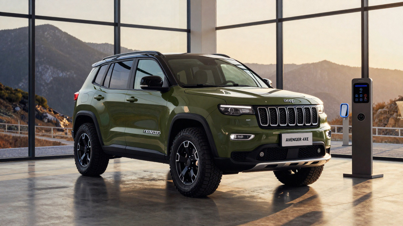 Jeep Avenger 4xe verde estacionado em garagem moderna com estação de recarga elétrica.