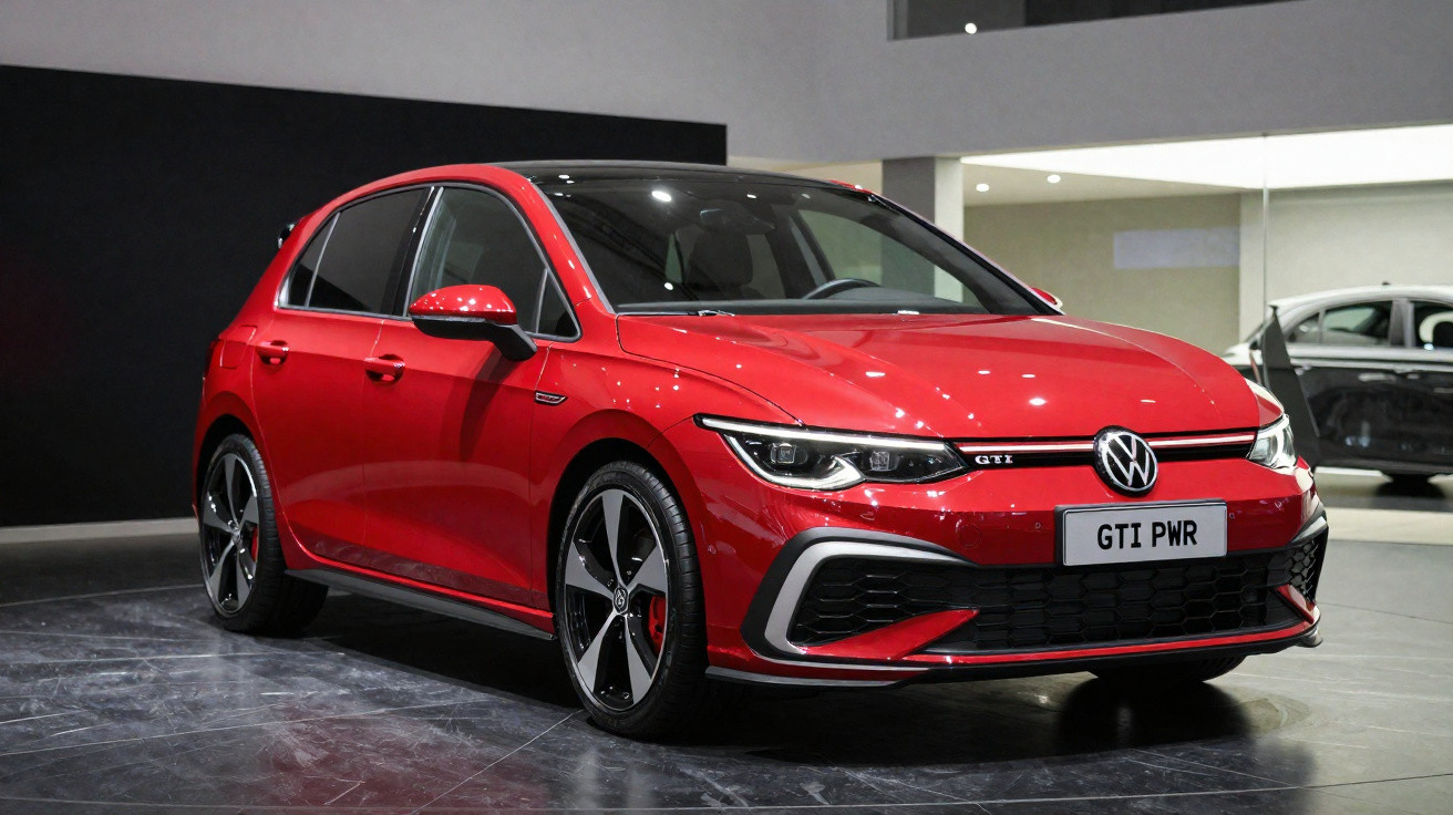 Carro esportivo hatchback Volkswagen GTI vermelho exibido em showroom com iluminação interna.