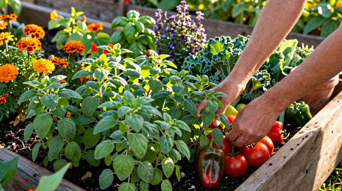 Mãos colhendo tomates e pimentão em horta urbana com plantas e flores cultivadas em canteiro de madeira.