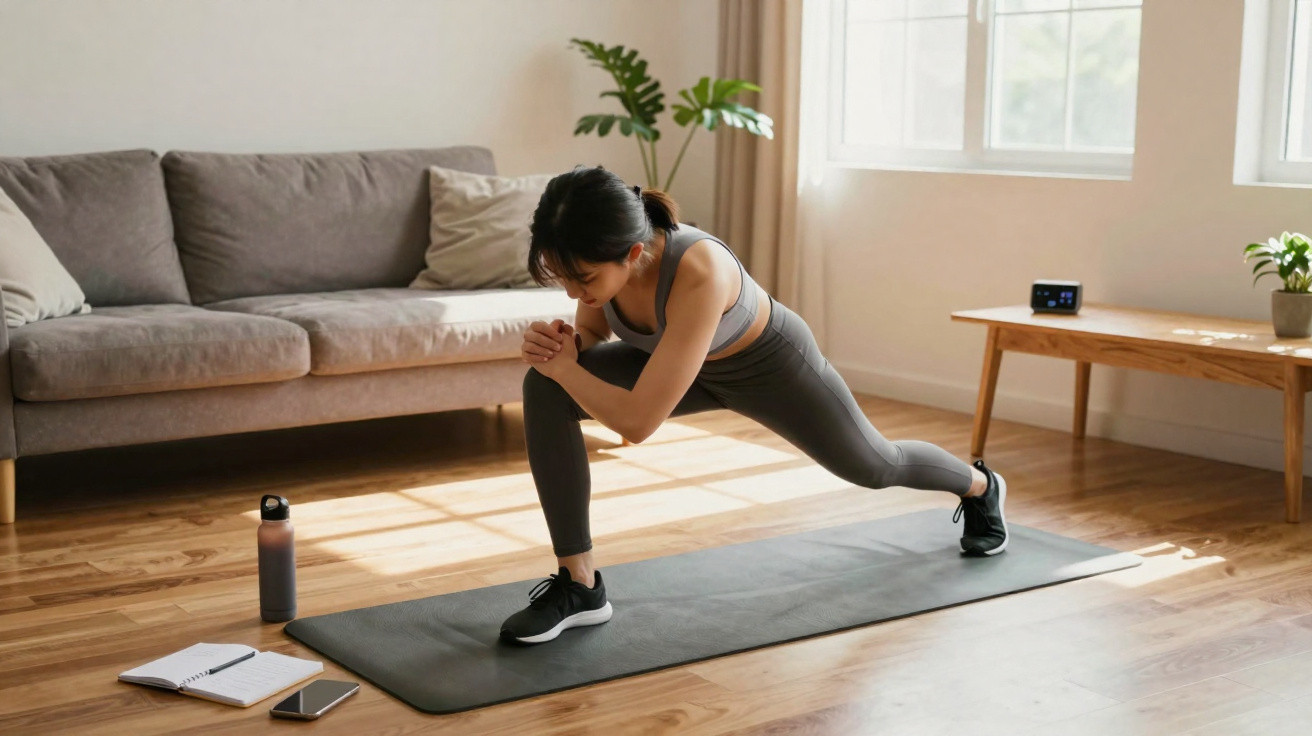 Mulher fazendo alongamento em tapete de exercícios na sala com sofá, garrafa de água e caderno ao lado.