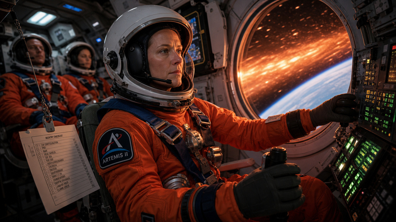 Astronauta em traje laranja opera controles dentro de nave espacial, com vista da Terra e do espaço pela janela.