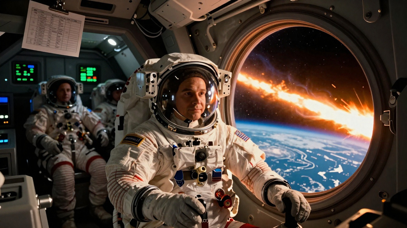 Astronauta em traje espacial dentro de nave observando meteoro em queda pela janela circular no espaço.