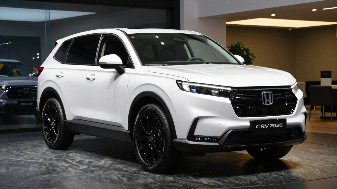 SUV Honda CR-V 2026 branco estacionado em ambiente interno com piso cinza e rodas pretas.