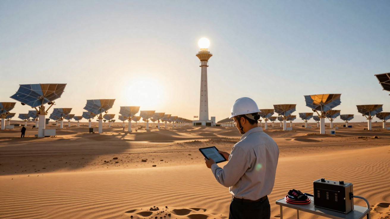 Engenheiro com capacete monitora usina solar concentradora no deserto ao entardecer.