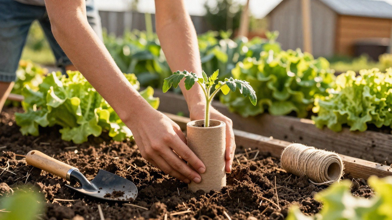 Mãos plantando muda de tomate em horta com terra, regador, corda e alface ao fundo em dia ensolarado.