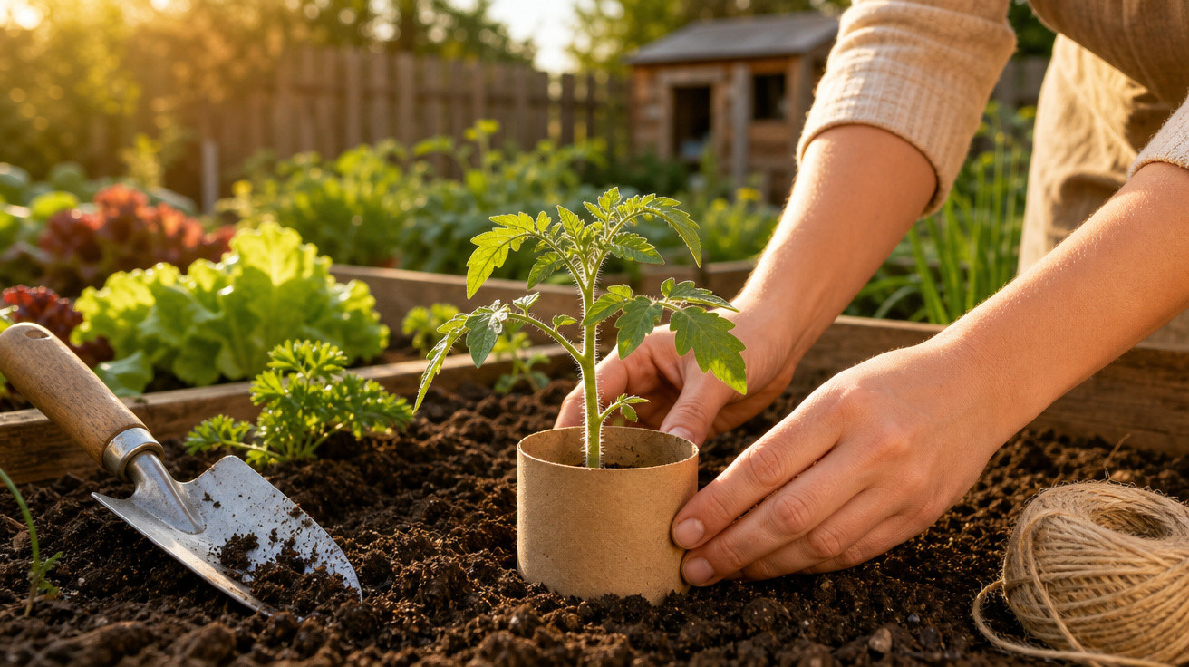 Mãos plantando mudas de tomate em vaso de papelão em jardim com terra e ferramentas ao entardecer.