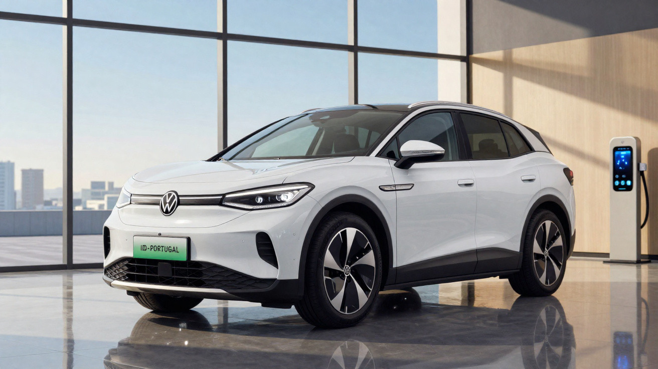 Carro elétrico Volkswagen branco estacionado em ambiente interno próximo a carregador.