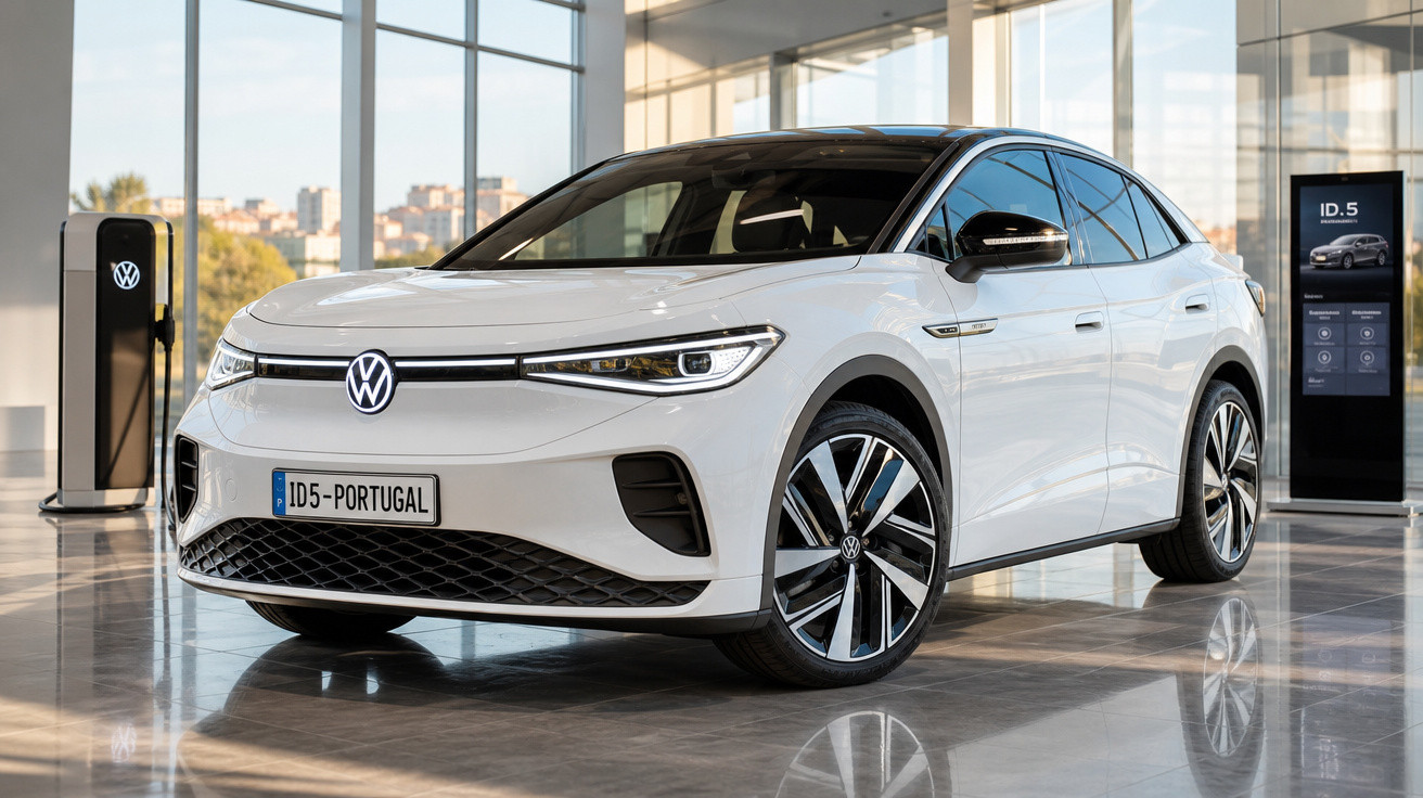 Carro elétrico Volkswagen ID.5 branco em showroom moderno com carregador elétrico ao fundo.