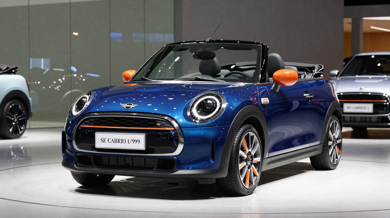 Carro conversível Mini Cooper azul com detalhes laranja exposto em salão automotivo.