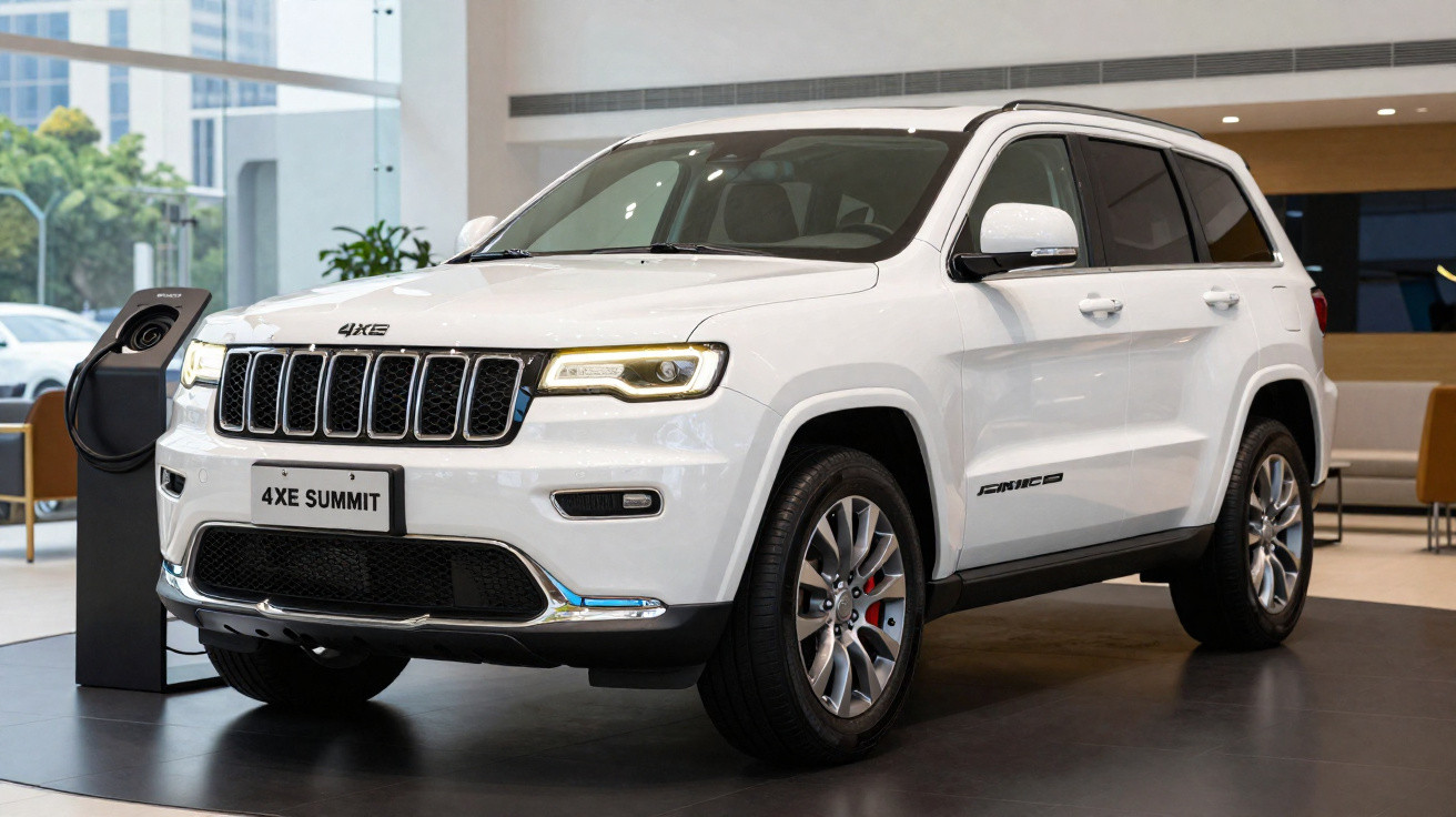 SUV branco Jeep 4XE Summit elétrico carregando em estação interna de showroom.