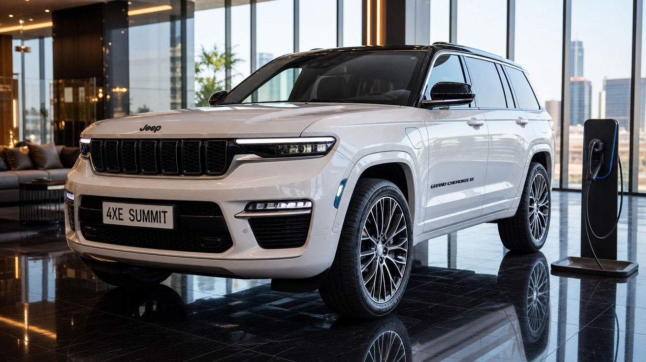 Jeep Grand Cherokee 4XE Summit branco estacionado em showroom moderno com carregador elétrico.