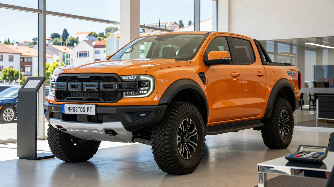 Picape Ford Ranger Raptor laranja exposta em showroom moderno com pneus off-road e cabine dupla.