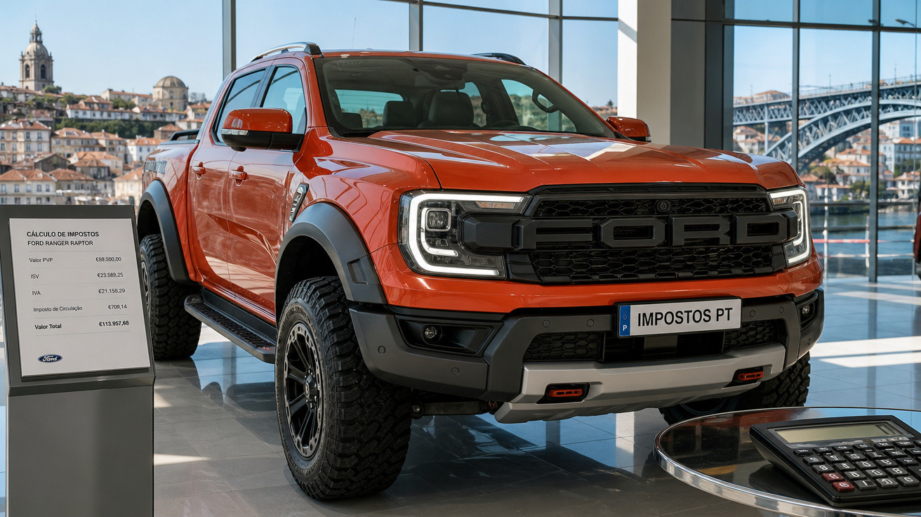 Picape Ford Ranger Raptor laranja exposta em loja com vista para cidade ao fundo.