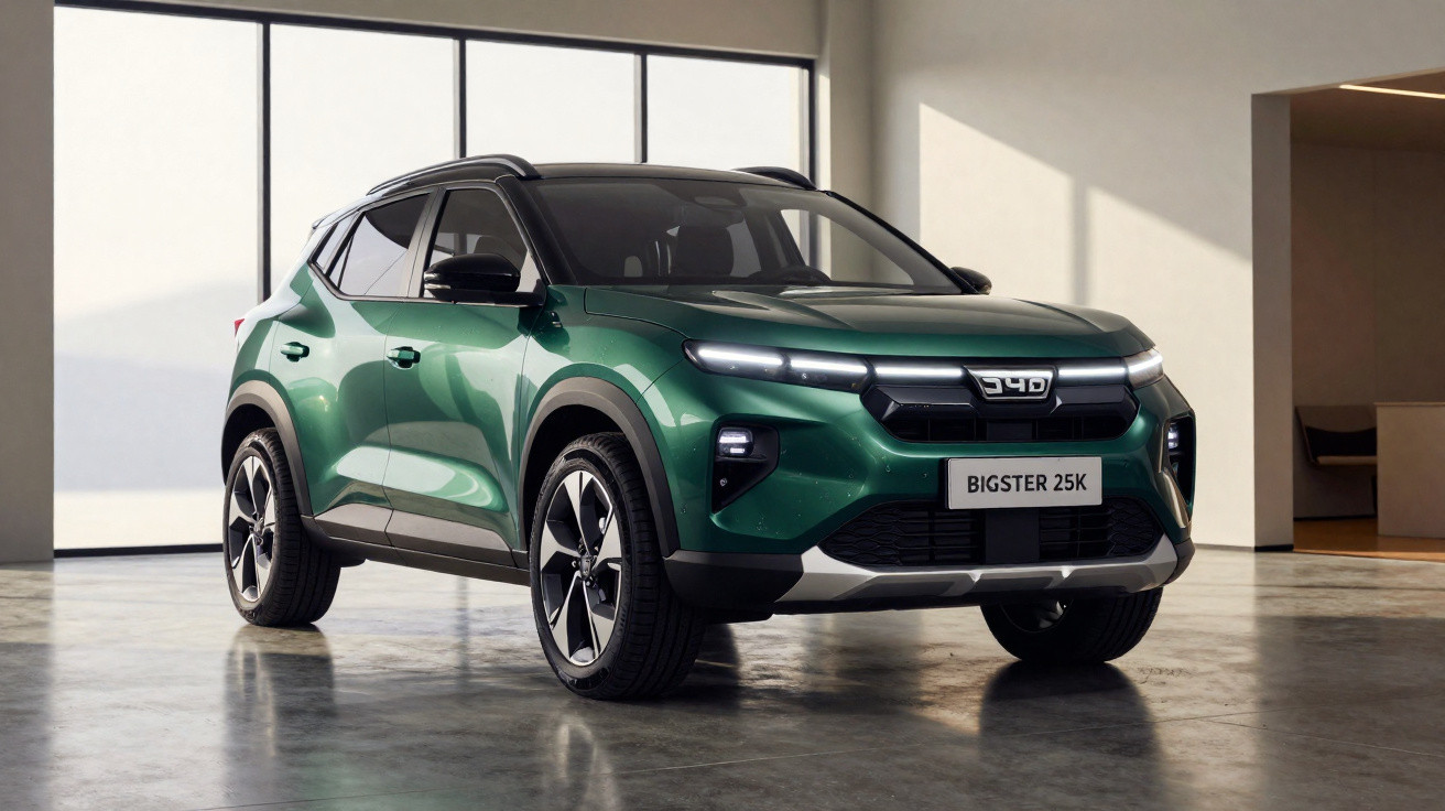 SUV elétrico verde com teto preto estacionado em ambiente interno moderno e iluminado.