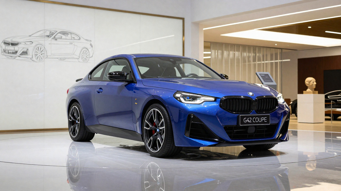 Carro esportivo azul BMW G42 Coupe em exposição moderna com iluminação branca refletida no piso brilhante.