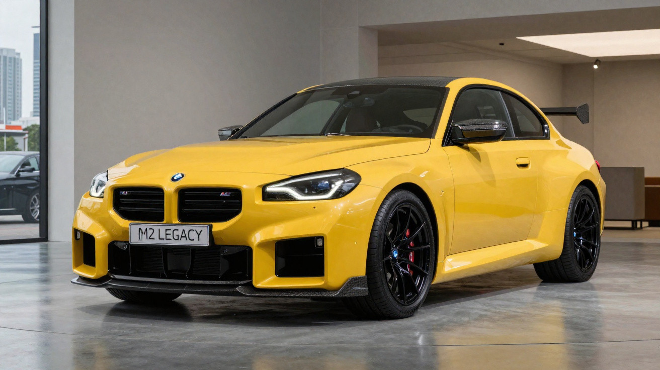 Carro esportivo BMW M2 amarelo estacionado em ambiente interno moderno com piso de concreto.