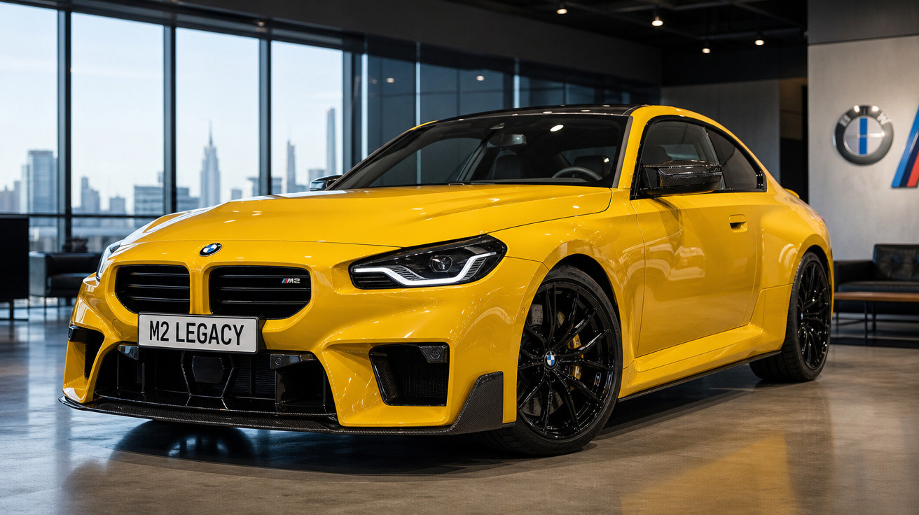 Carro esportivo BMW amarelo modelo M2 Legacy estacionado em showroom moderno com janelas grandes e vista urbana.
