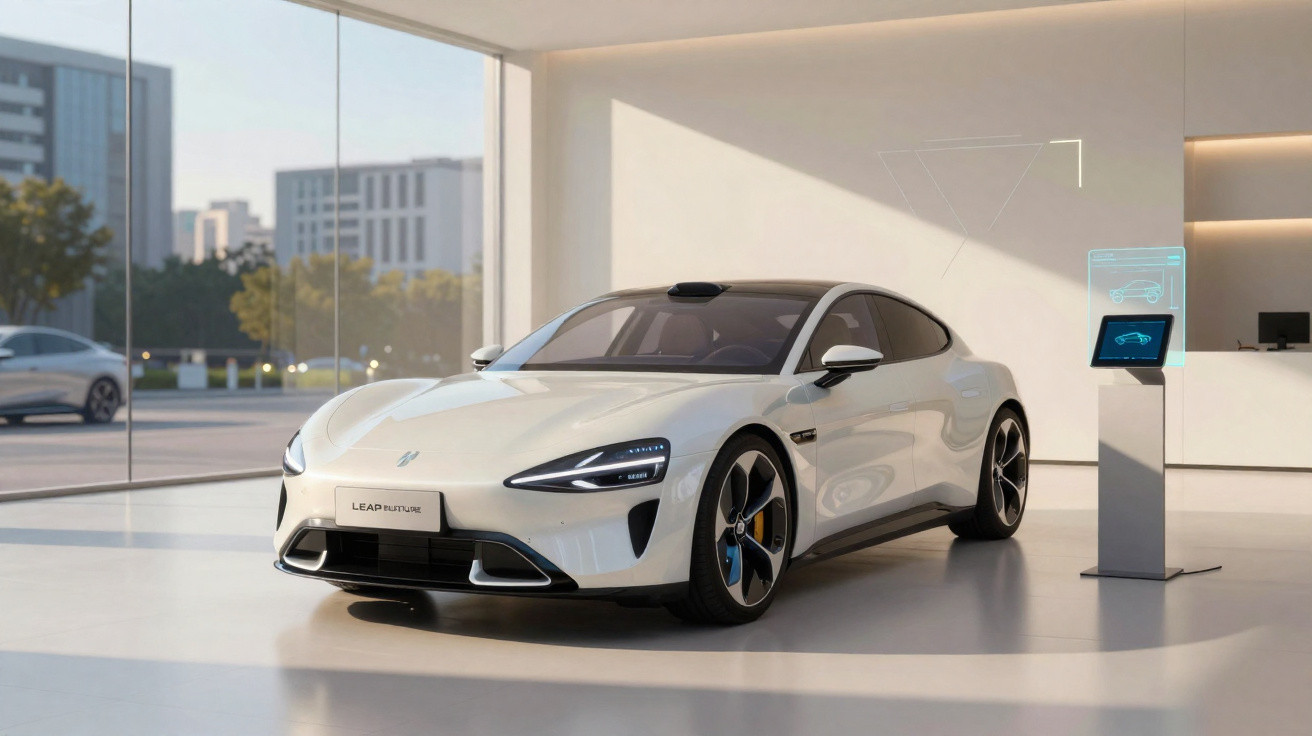 Carro elétrico esportivo branco em exposição moderna com tela digital ao lado em ambiente iluminado.