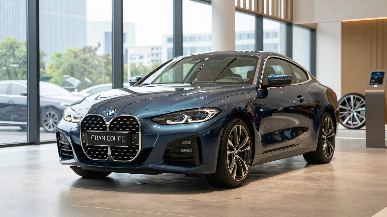 Carro BMW Gran Coupe azul escuro exibido em showroom moderno com grandes janelas de vidro.