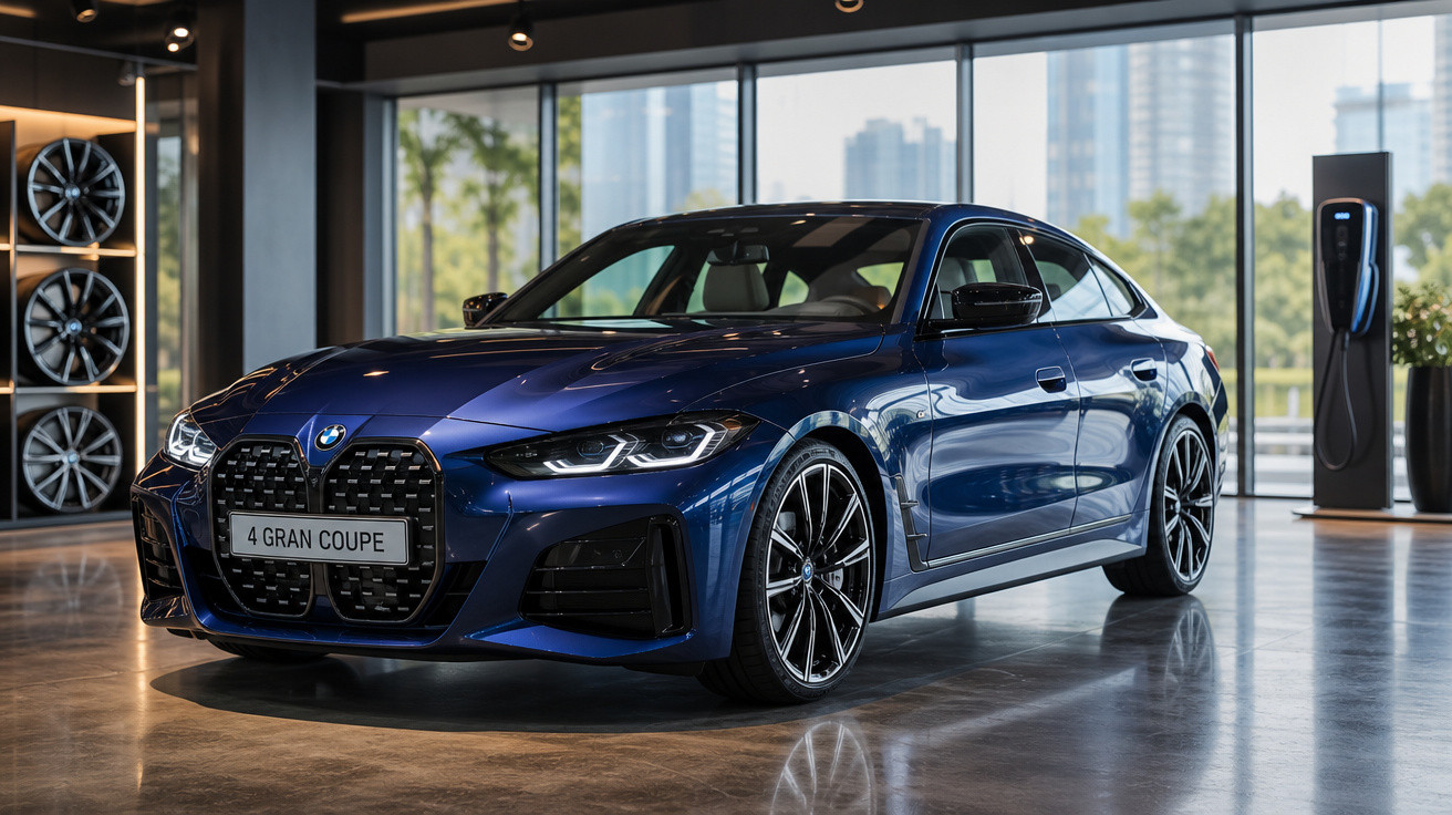 BMW 4 Gran Coupe azul exibido em showroom moderno com grandes janelas e rodas expostas ao fundo.