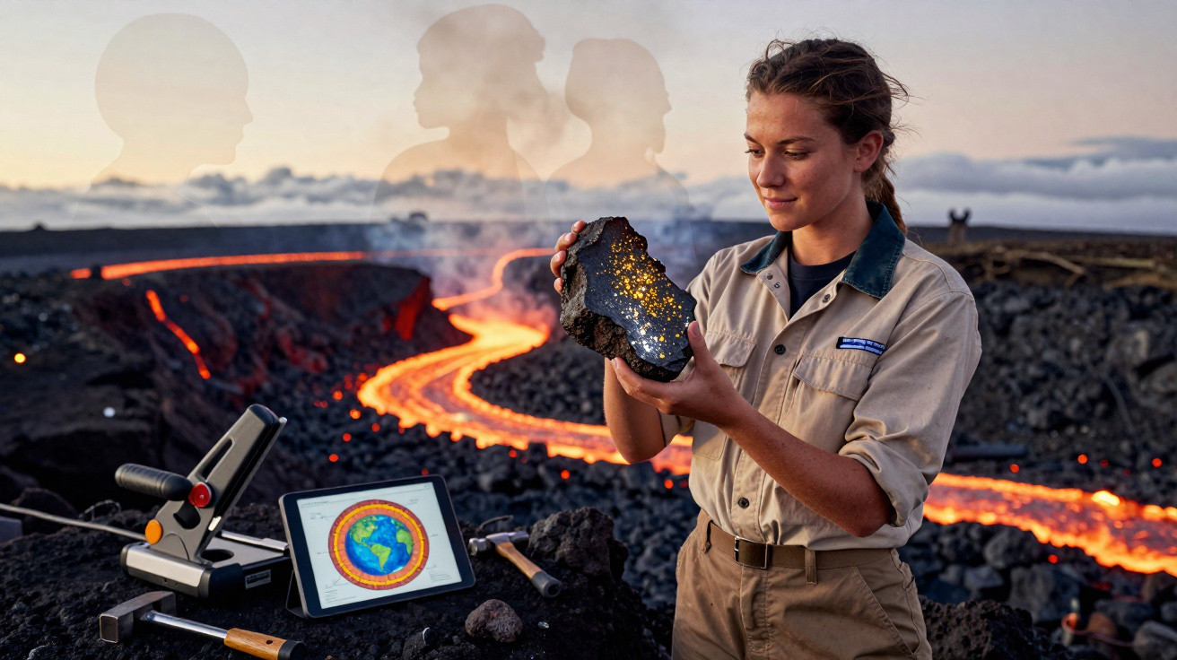 Mulher cientista examina rocha vulcânica ao lado de lava e equipamentos de monitoramento no campo vulcânico.