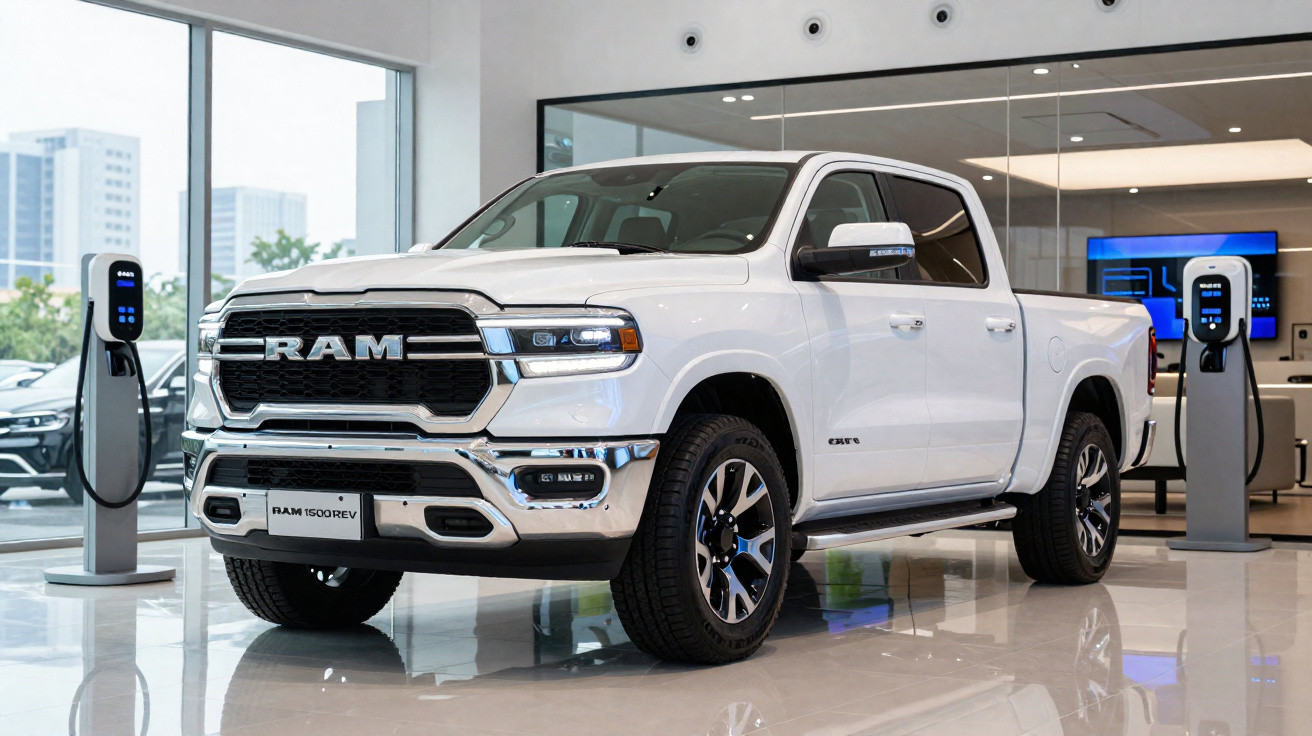 Picape elétrica Ram 1500 REV branca em exibição dentro de showroom moderno com estações de recarga.