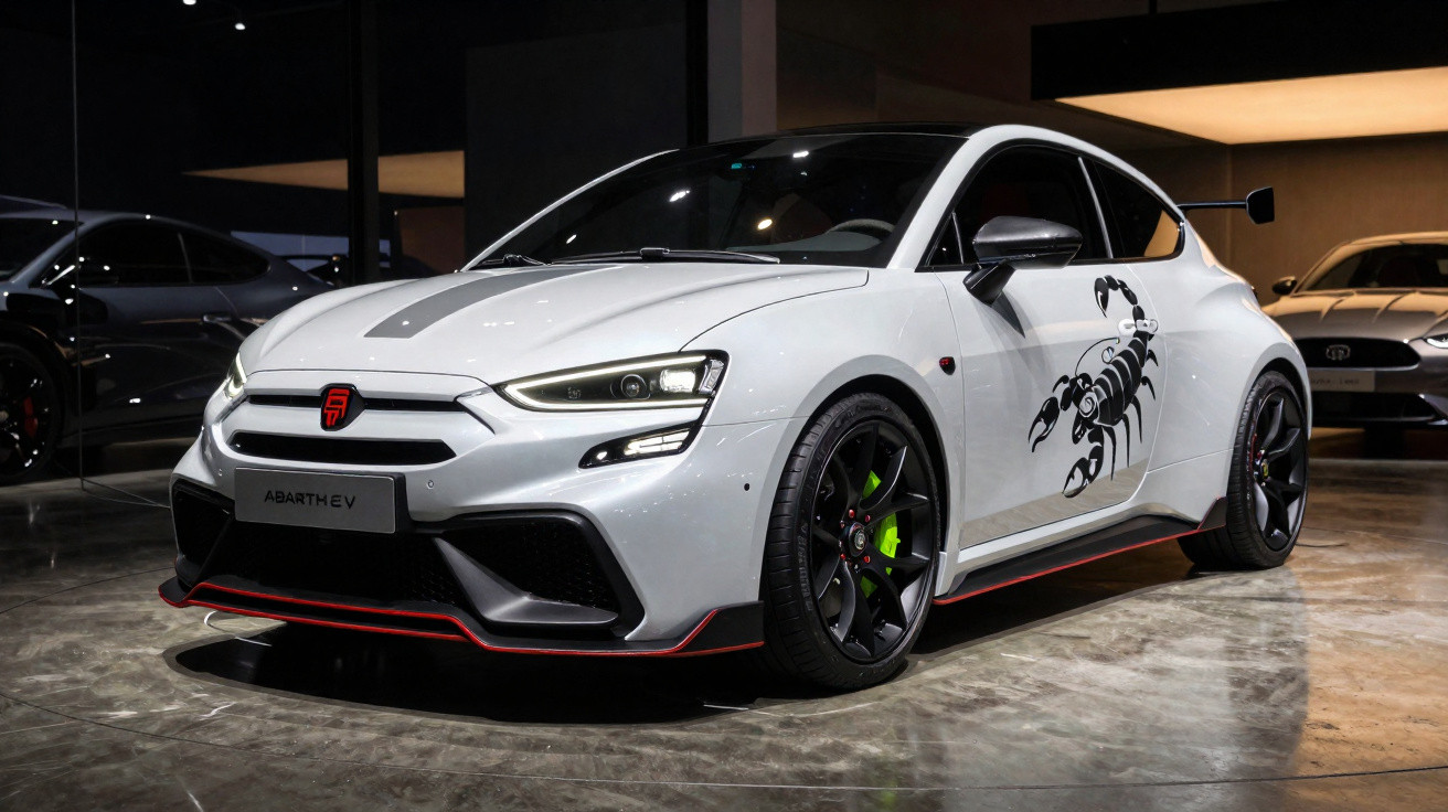 Carro esportivo branco Abarth EV com desenho de escorpião na lateral em showroom moderno.