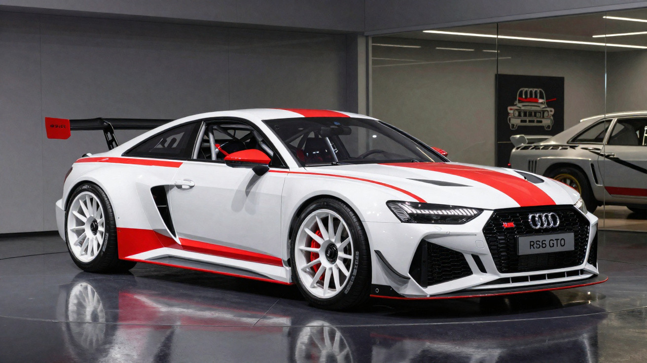 Audi RS6 GTO branco com detalhes em vermelho em exposição em ambiente interno moderno.
