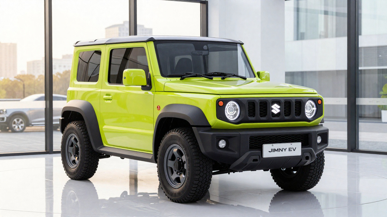 SUV elétrico Suzuki Jimny EV verde limão, com teto preto, em ambiente interno moderno e iluminado.