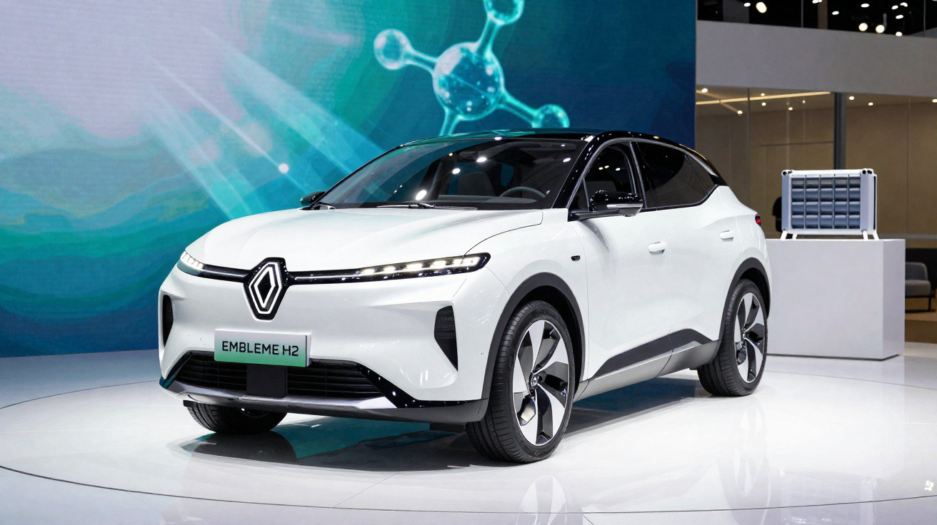 Carro elétrico Renault Embleme H2 branco exibido em estande de exposição com fundo azul tecnológico.