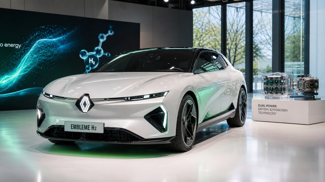 Carro elétrico branco Renault Embleme H2 exposto em ambiente moderno com tecnologia de bateria e hidrogênio.