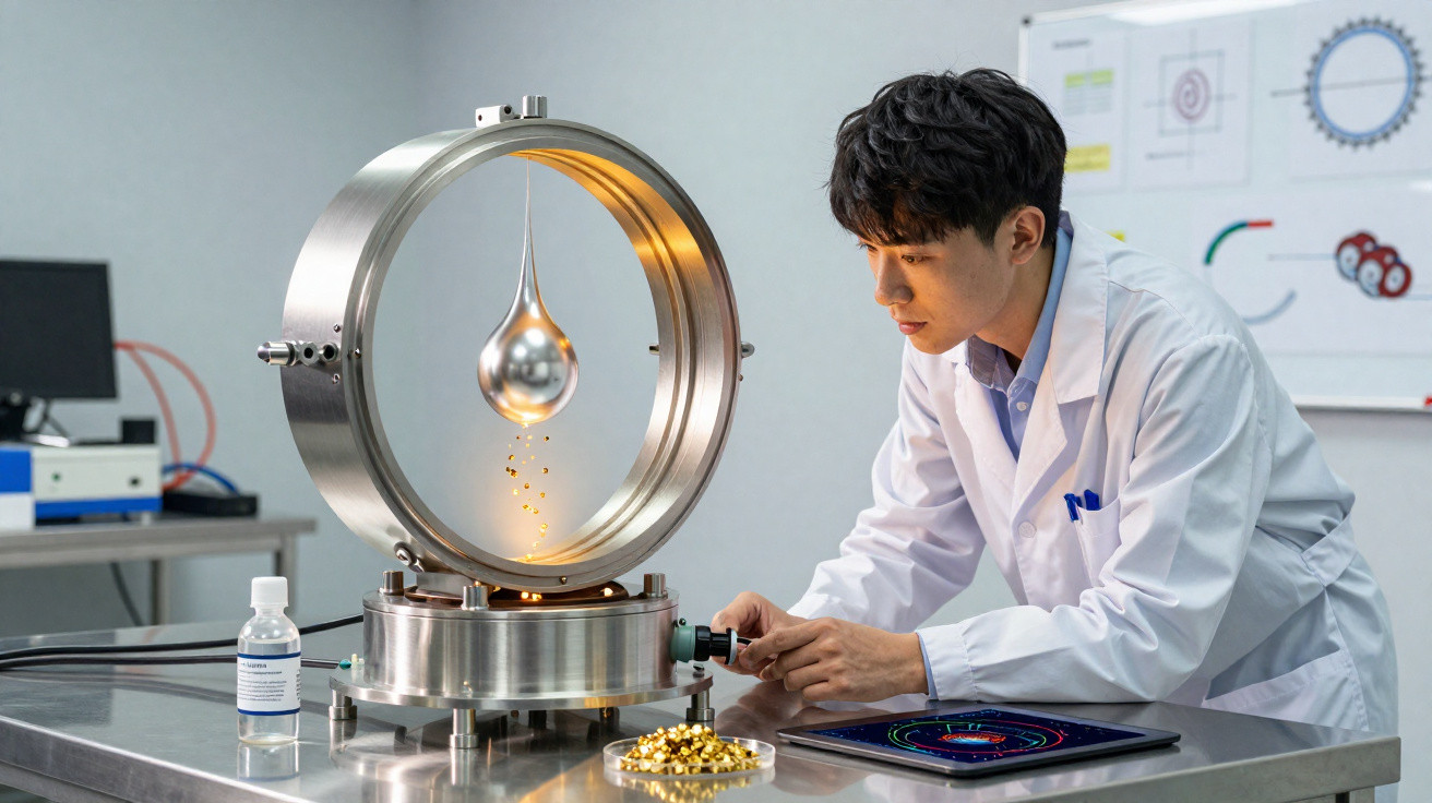 Cientista ajusta equipamento de física com esfera metálica pendurada em laboratório moderno.