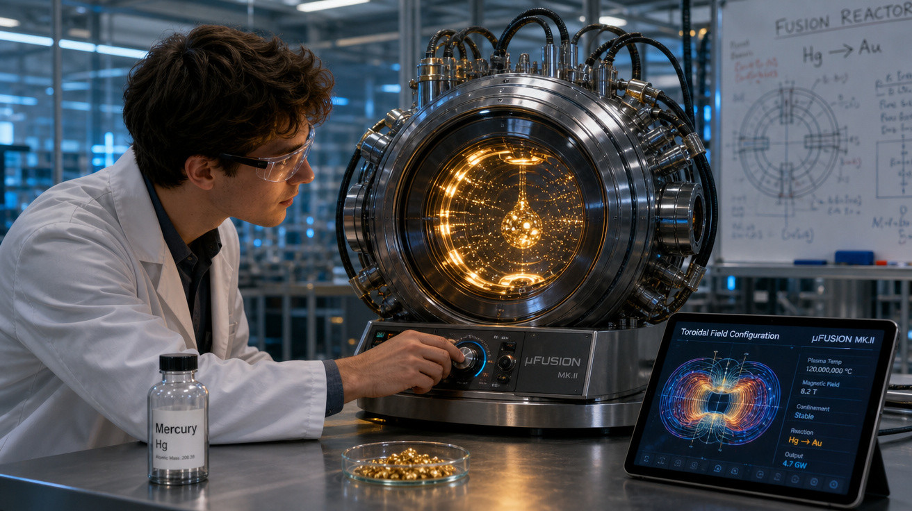 Cientista ajusta reator experimental de fusão nuclear em laboratório moderno com equipamentos avançados.
