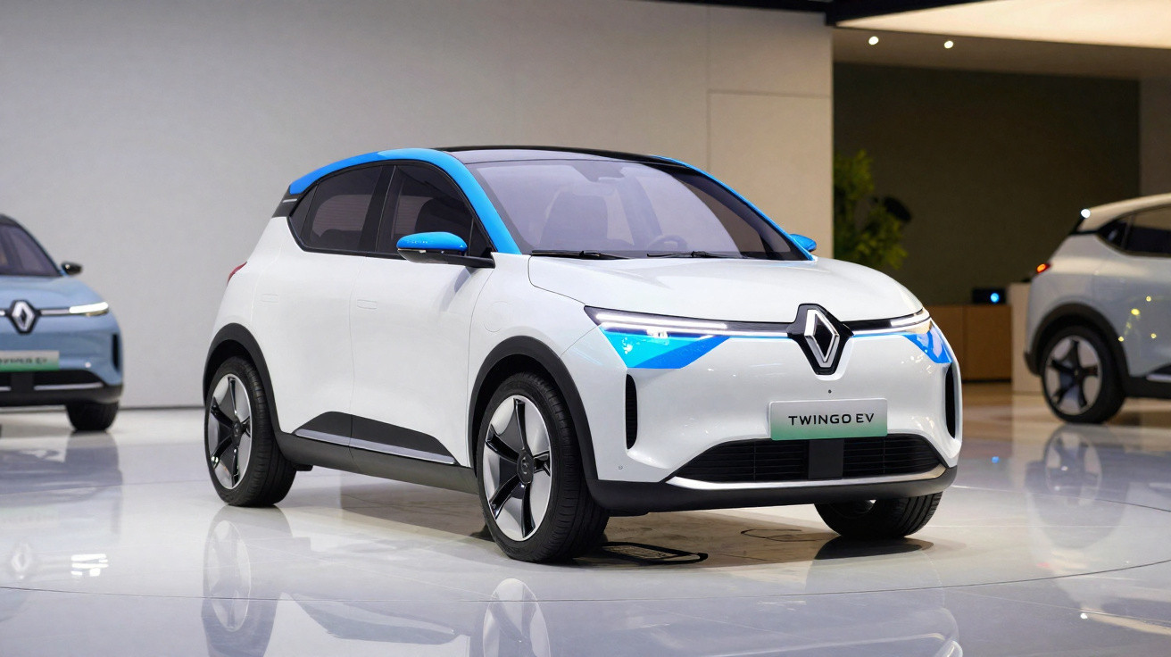 Carro elétrico branco com detalhes azuis, Renault Twingo EV, exposto em salão de automóveis.