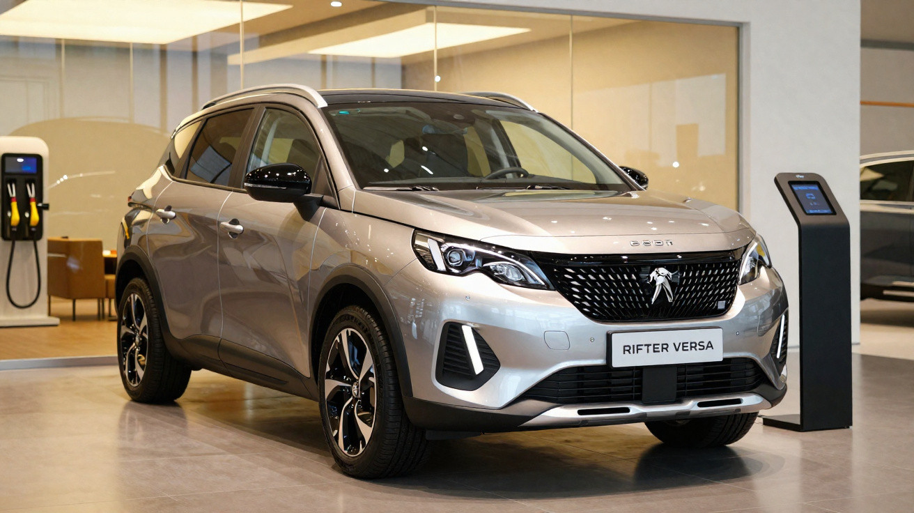 Carro SUV prata Peugeot Rifter Versa exibido em showroom moderno com iluminação interna.