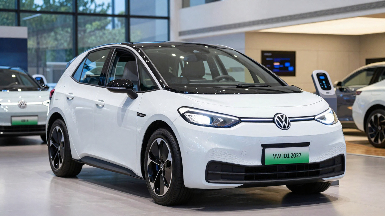 Carro elétrico branco Volkswagen ID.1 2027 exibido em showroom com iluminação natural e artificial.