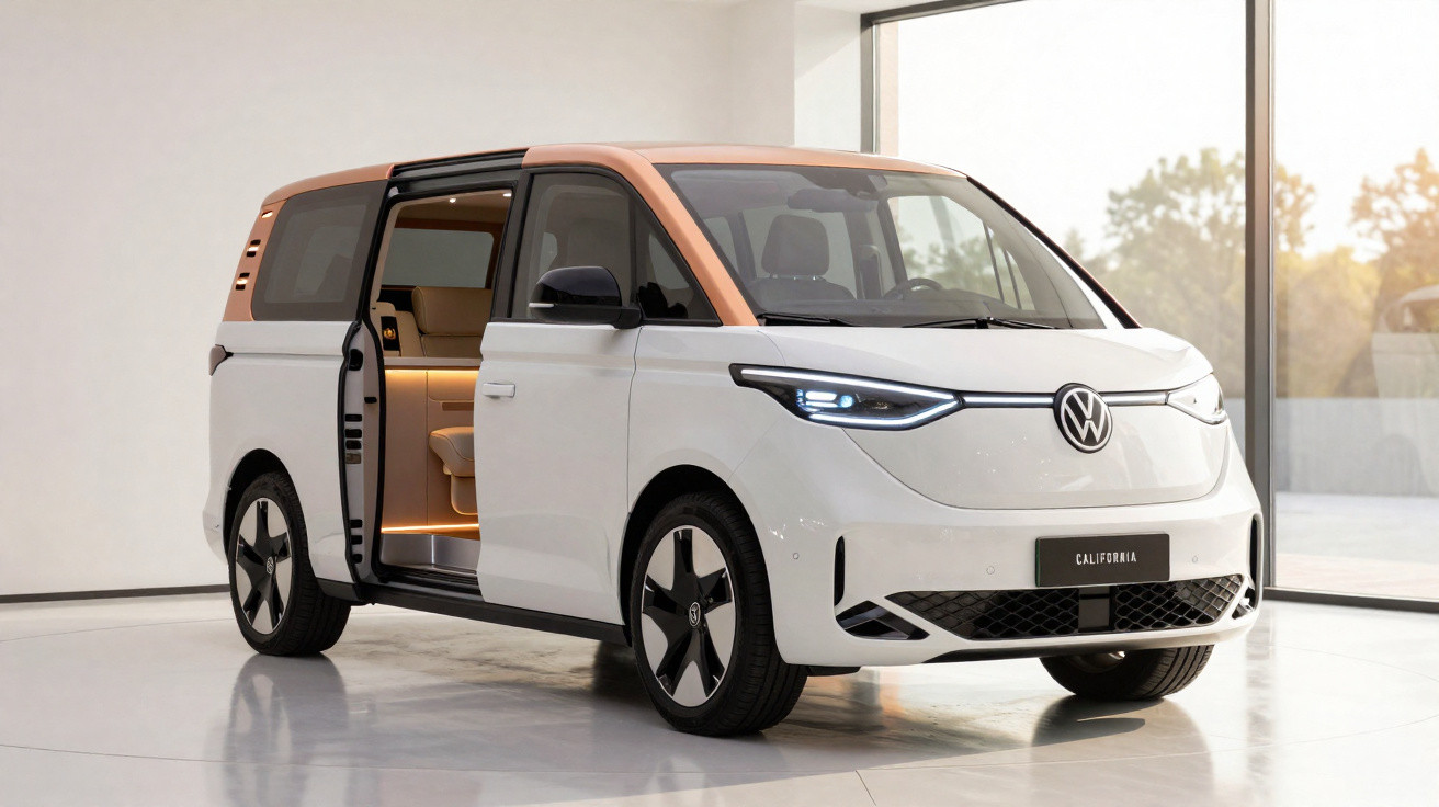 Van elétrica Volkswagen California branca com teto laranja e porta lateral aberta em ambiente interno.