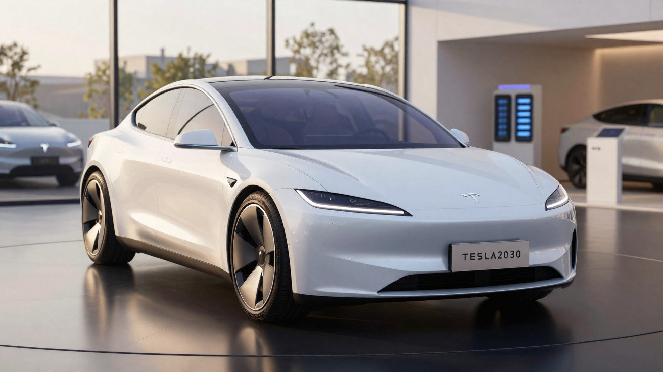 Carro elétrico branco Tesla Model S 2030 em showroom moderno com carregadores ao fundo.