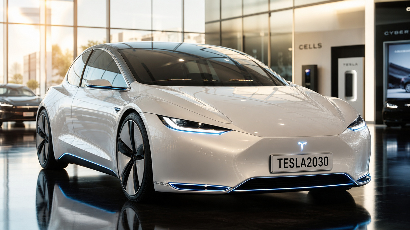 Carro elétrico Tesla branco moderno em showroom com luz natural refletida no chão escuro.