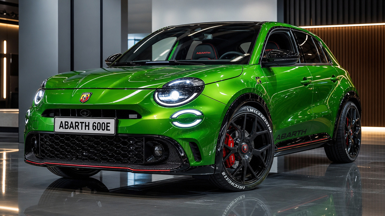 Carro esportivo Abarth 600E verde metálico exibido em ambiente interno moderno e iluminado.