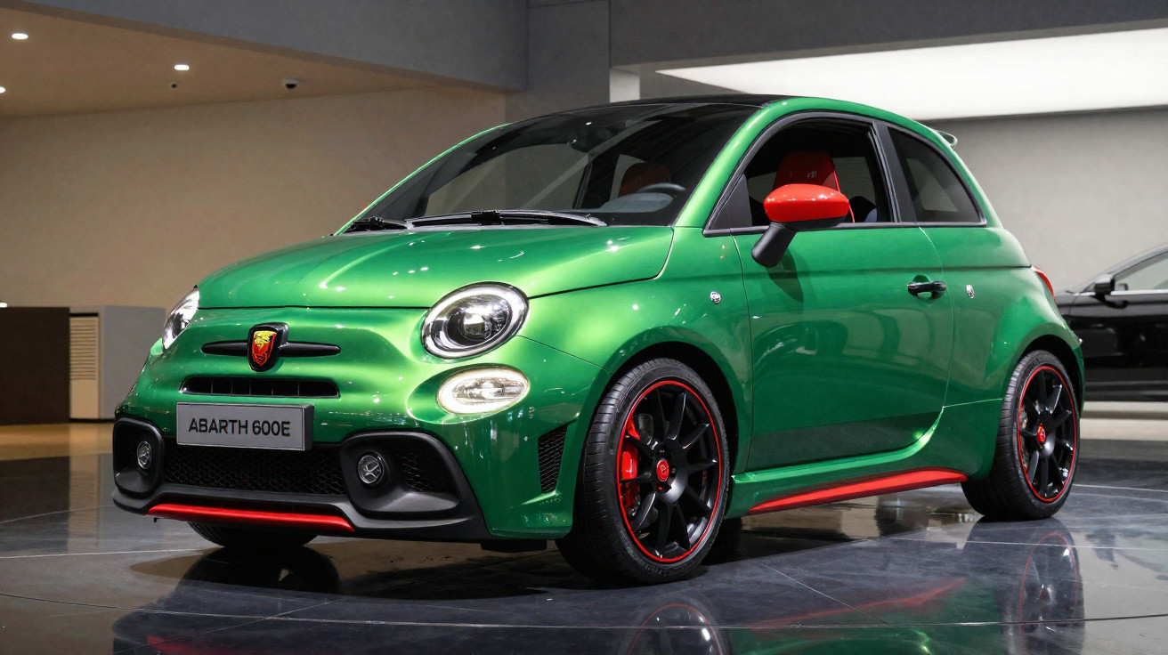 Carro esportivo compacto verde Abarth 600E com detalhes em vermelho em salão de automóveis.