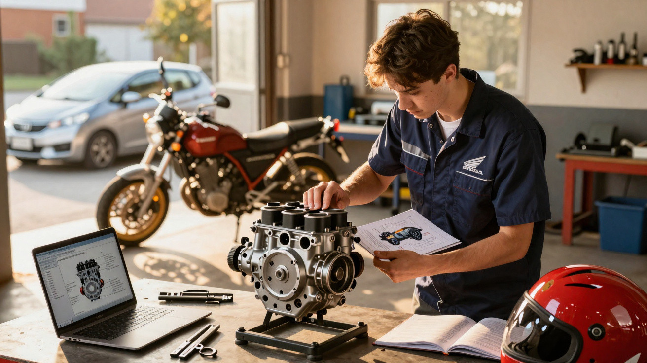 Jovem mecânico analisando motor de motocicleta em oficina, com laptop, capacete e materiais de estudo na mesa.
