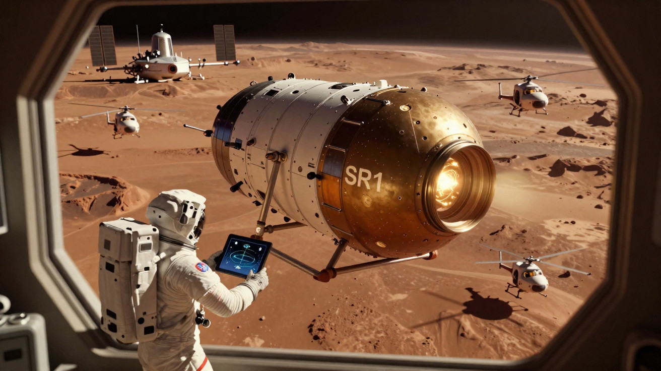 Astronauta observa módulo espacial SR1 e drones voando sobre terreno árido avermelhado, visto de janela.