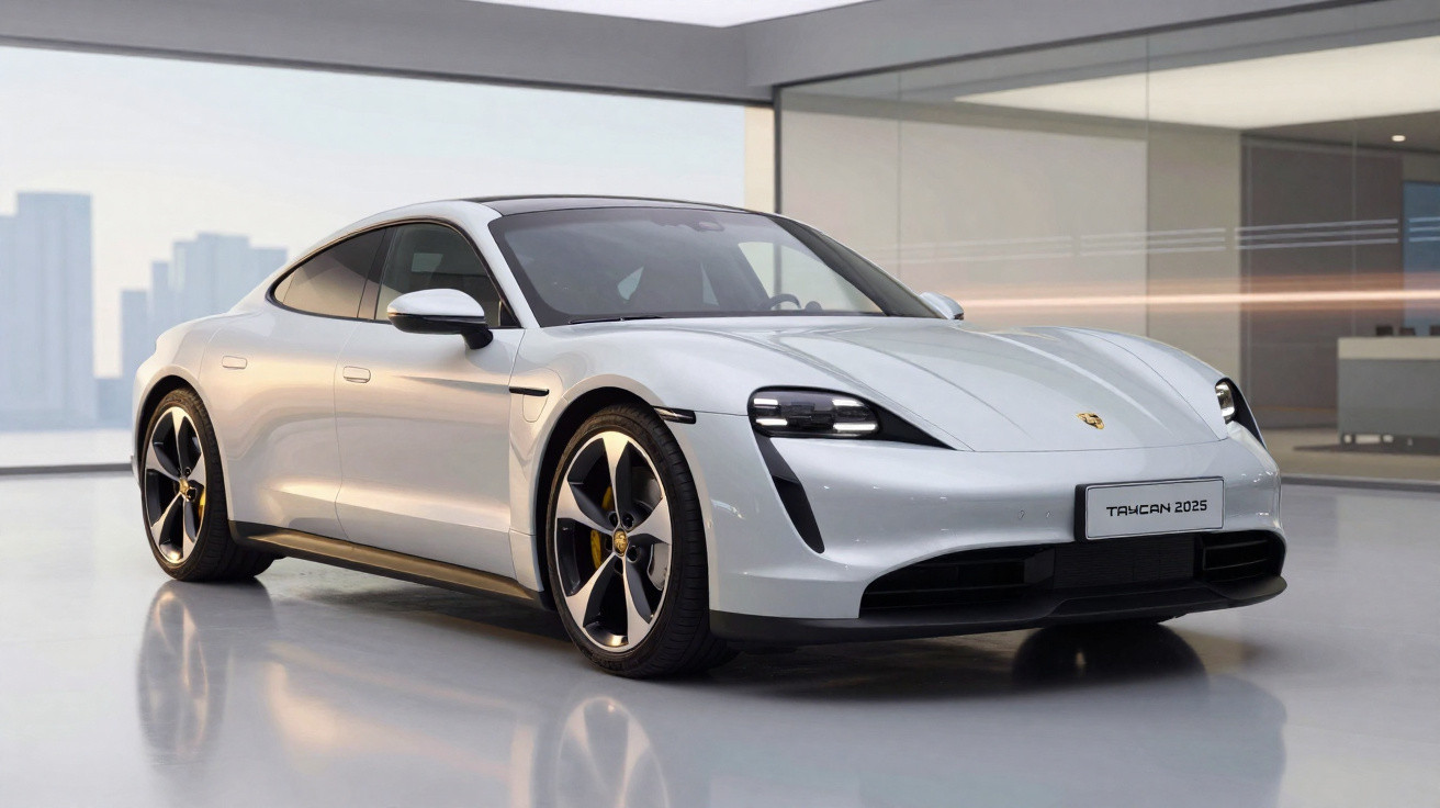 Carro esportivo elétrico Porsche Taycan 2025 branco em ambiente moderno interno com vidro e reflexos no piso.