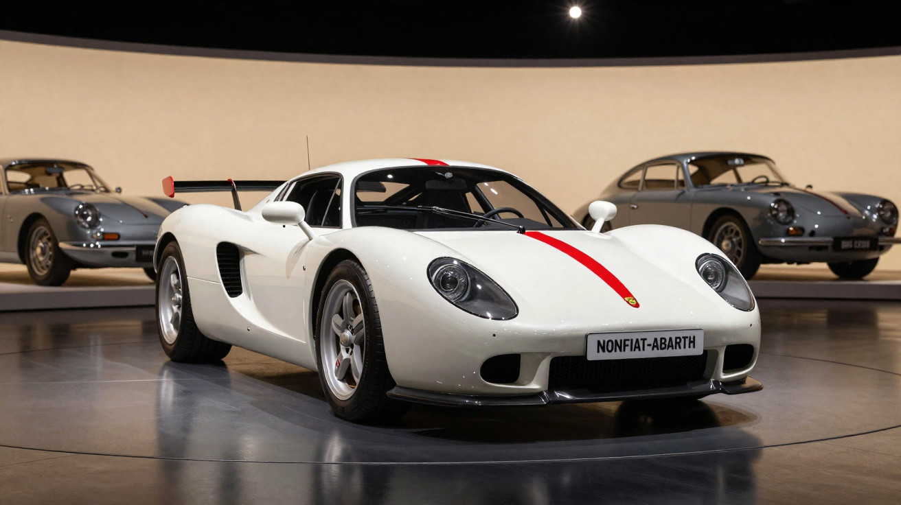 Carro esportivo branco com faixa vermelha central, placa "NONFIAT-ABARTH", em exposição com dois carros clássicos ao fundo.
