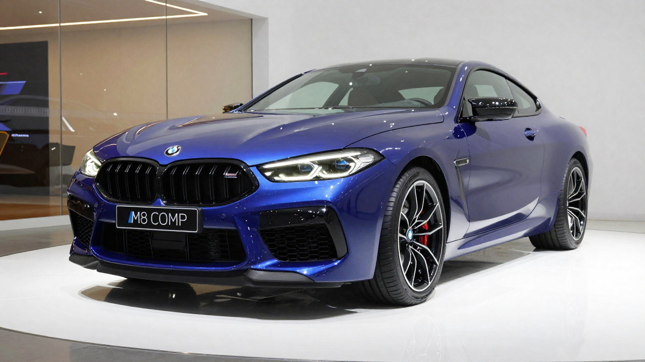 Carro esportivo BMW M8 Competition azul metalizado exibido em salão com piso branco.