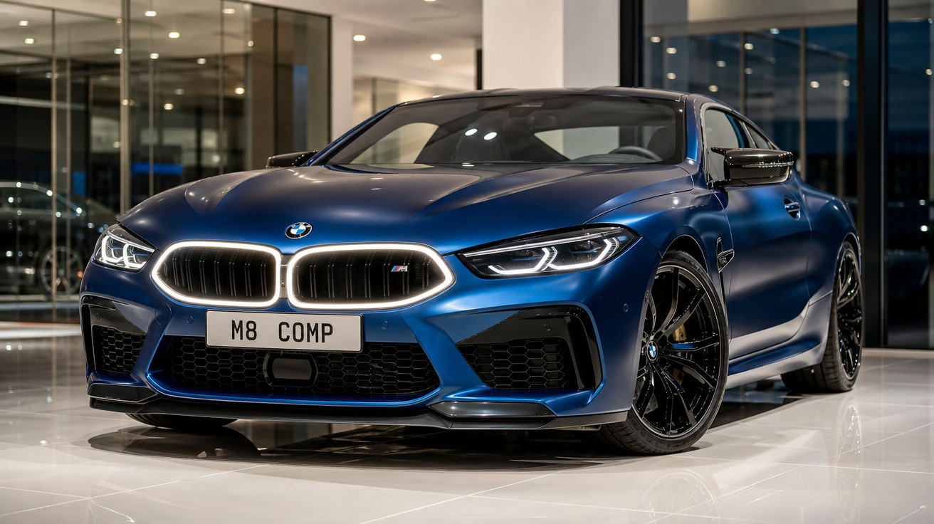 Carro esportivo BMW M8 Competition azul estacionado em showroom com piso branco e iluminação interna.