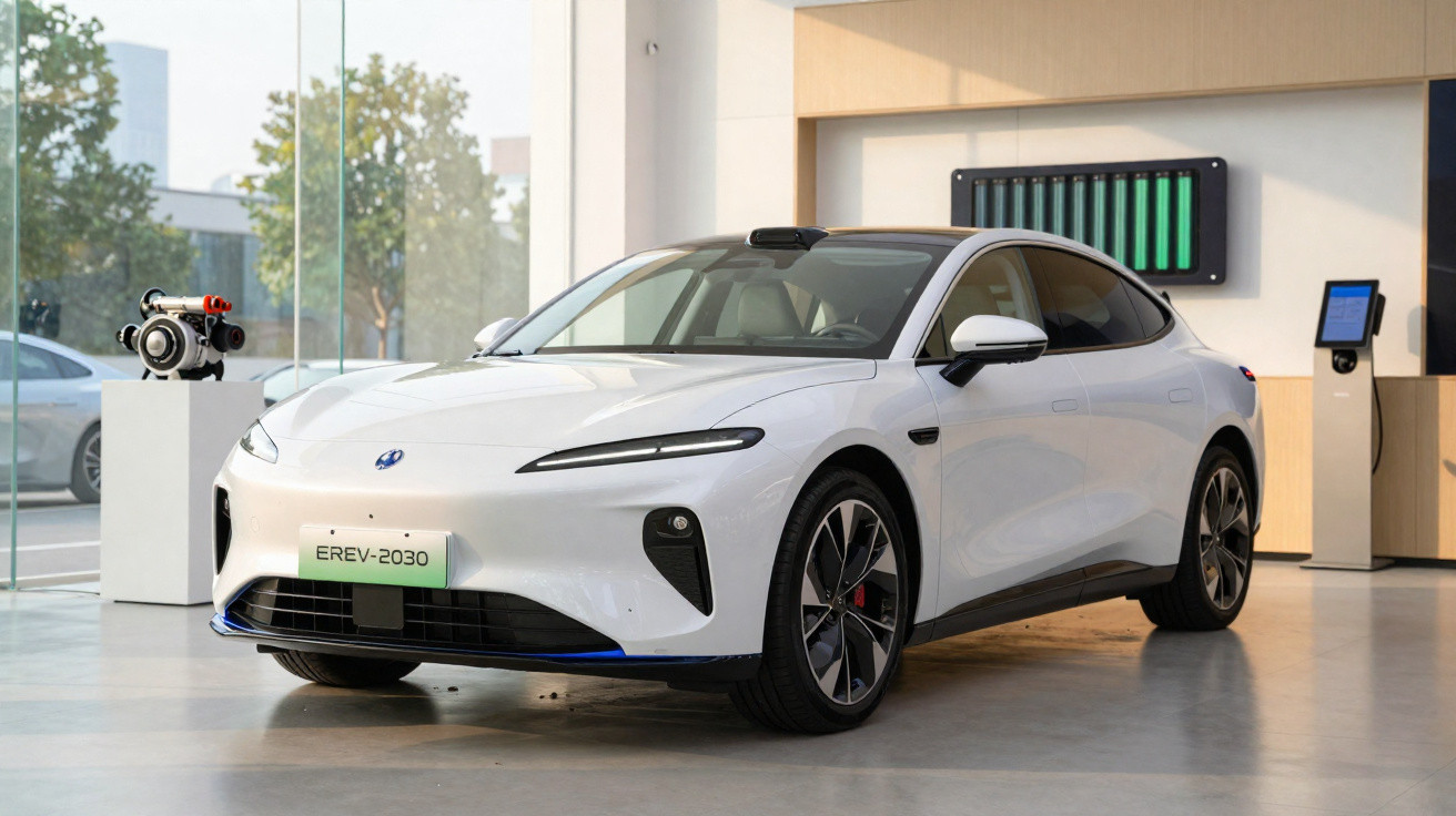 Carro elétrico branco modelo EREV-2030 exposto em showroom moderno com iluminação natural.