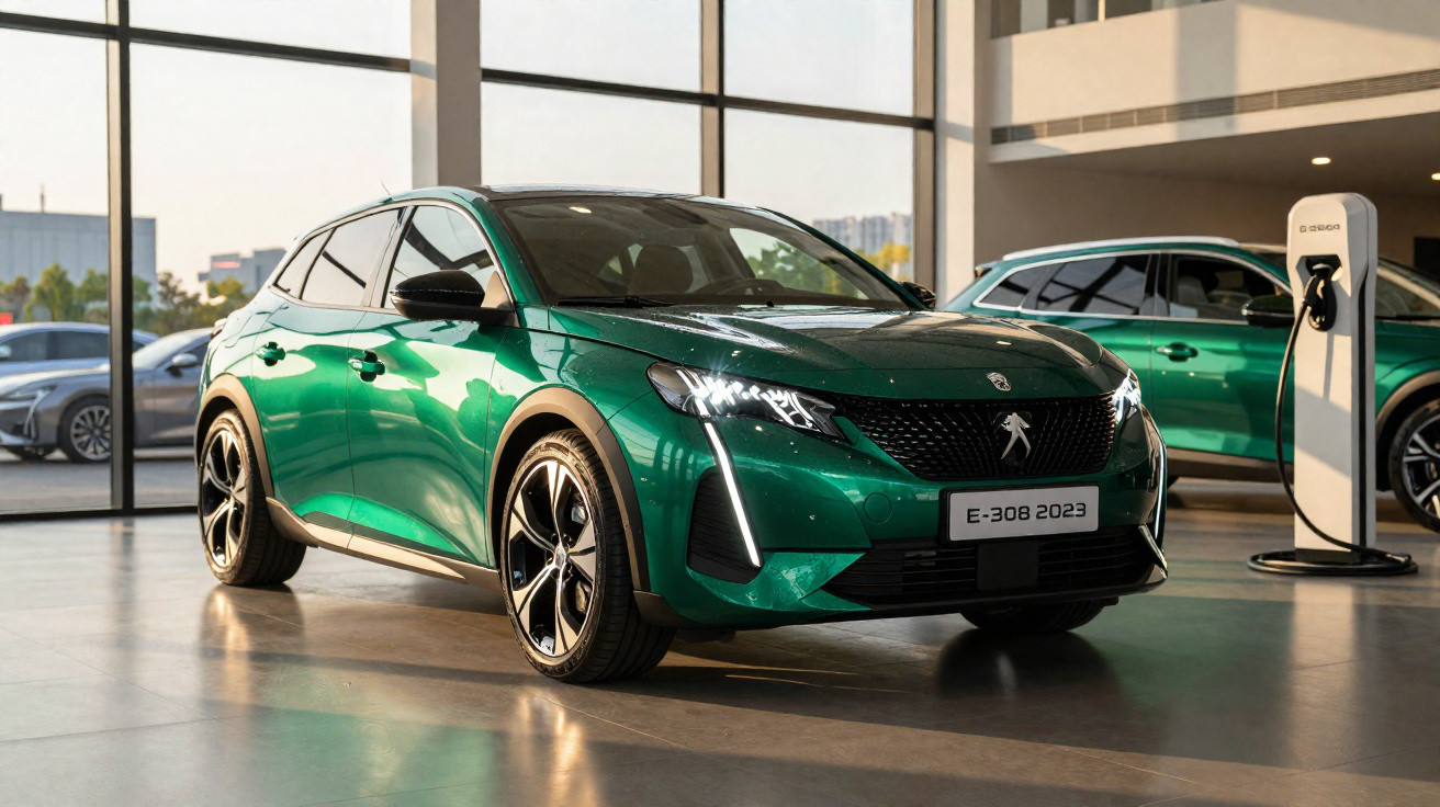 Carro elétrico verde Peugeot E-308 2023 exposto em showroom com luz natural entrando por janelas grandes.