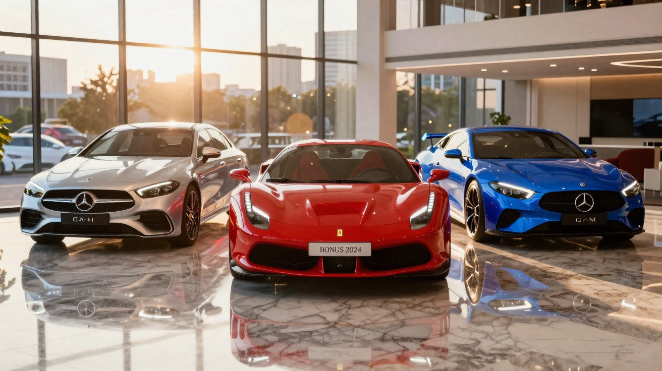 Três carros esportivos, Mercedes branco e azul e Ferrari vermelha, em showroom com piso de mármore.